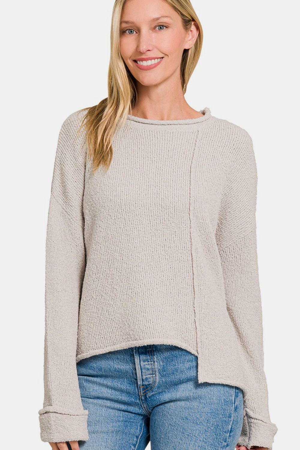 Zenana Asymmetric Hem Drop Shoulder Sweater  Trendsi   