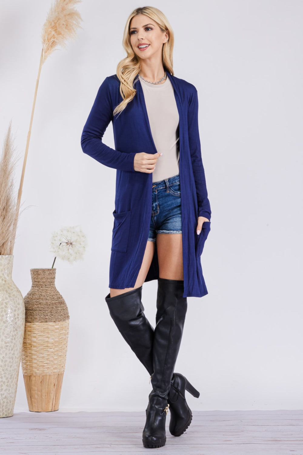 Celeste Full Size Open Front Cardigan with Pockets  Trendsi Navy S 