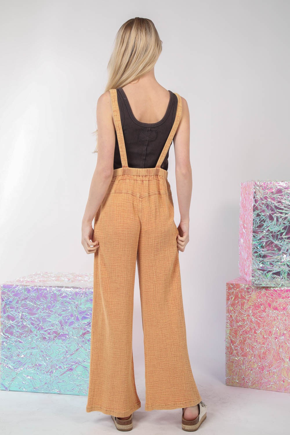 VERY J Texture Washed Wide Leg Overalls  Trendsi   