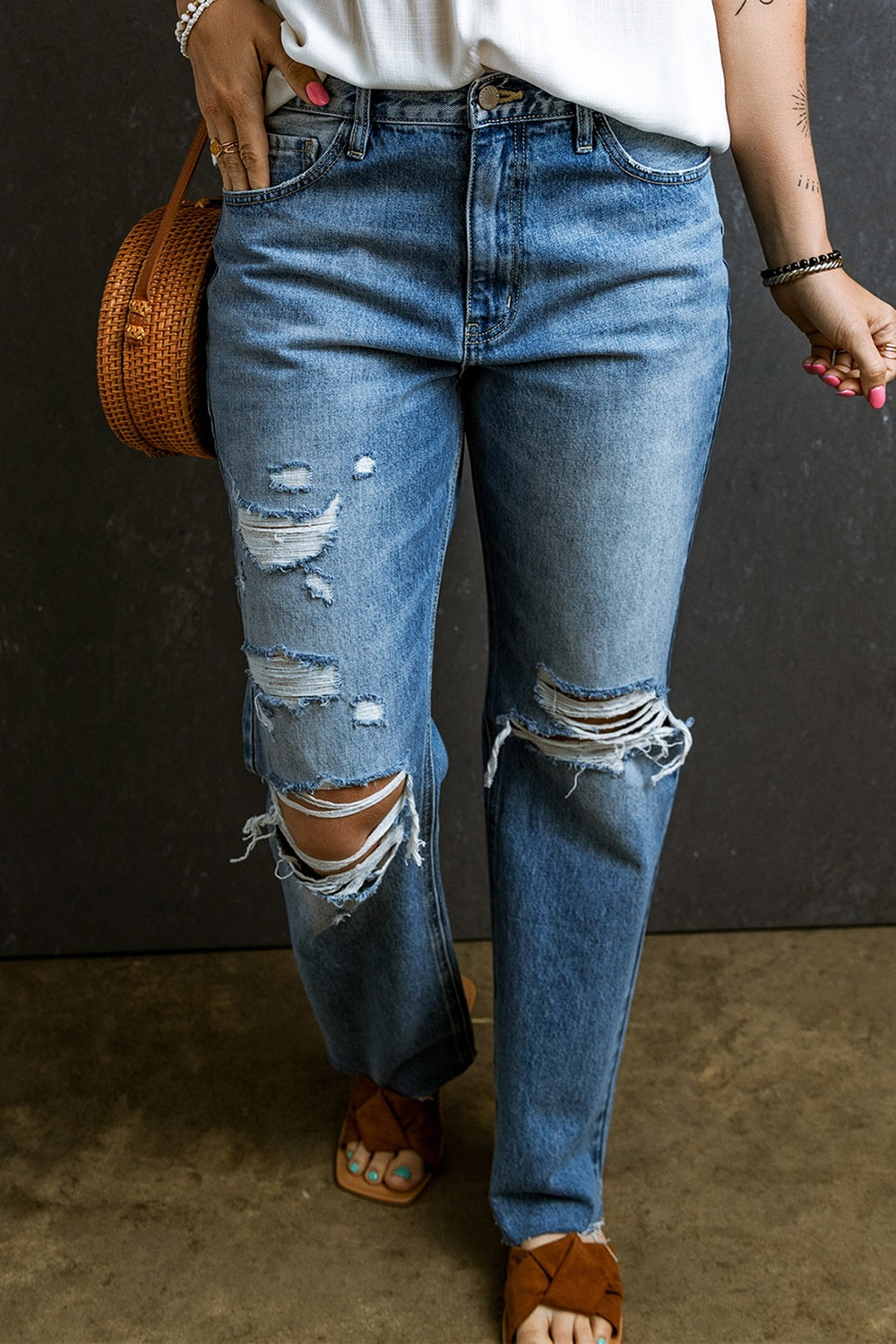 Distressed Raw Hem Jeans with Pockets