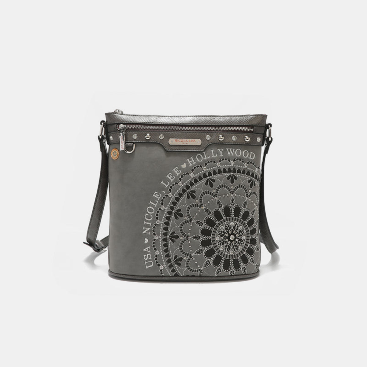 Nicole Lee USA Metallic Stitching Embroidery Inlaid Rhinestone Crossbody Bag  Trendsi Gray One Size 