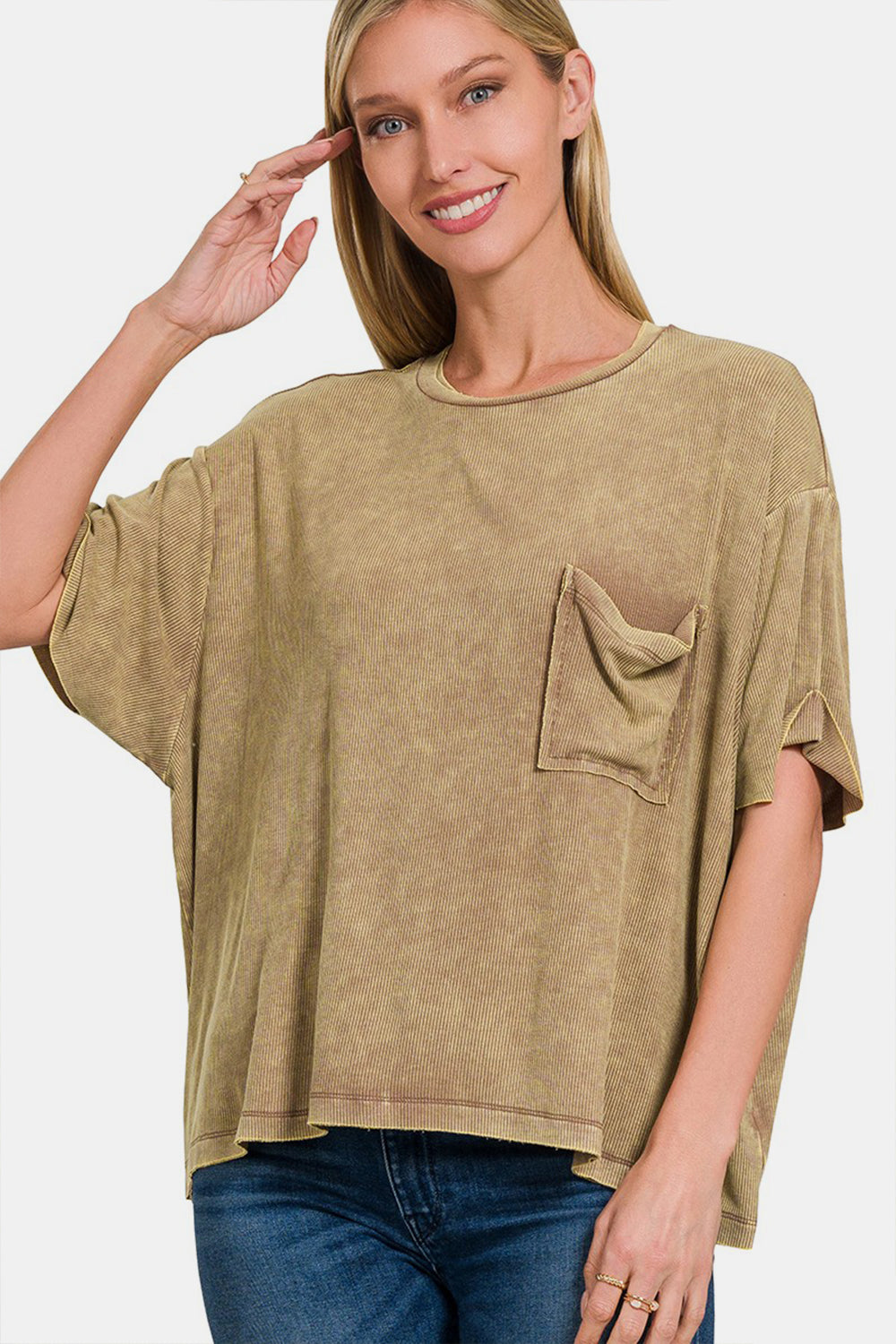 Zenana Ribbed Round Neck Drop Shoulder T-Shirt  Trendsi MOCHA S/M 