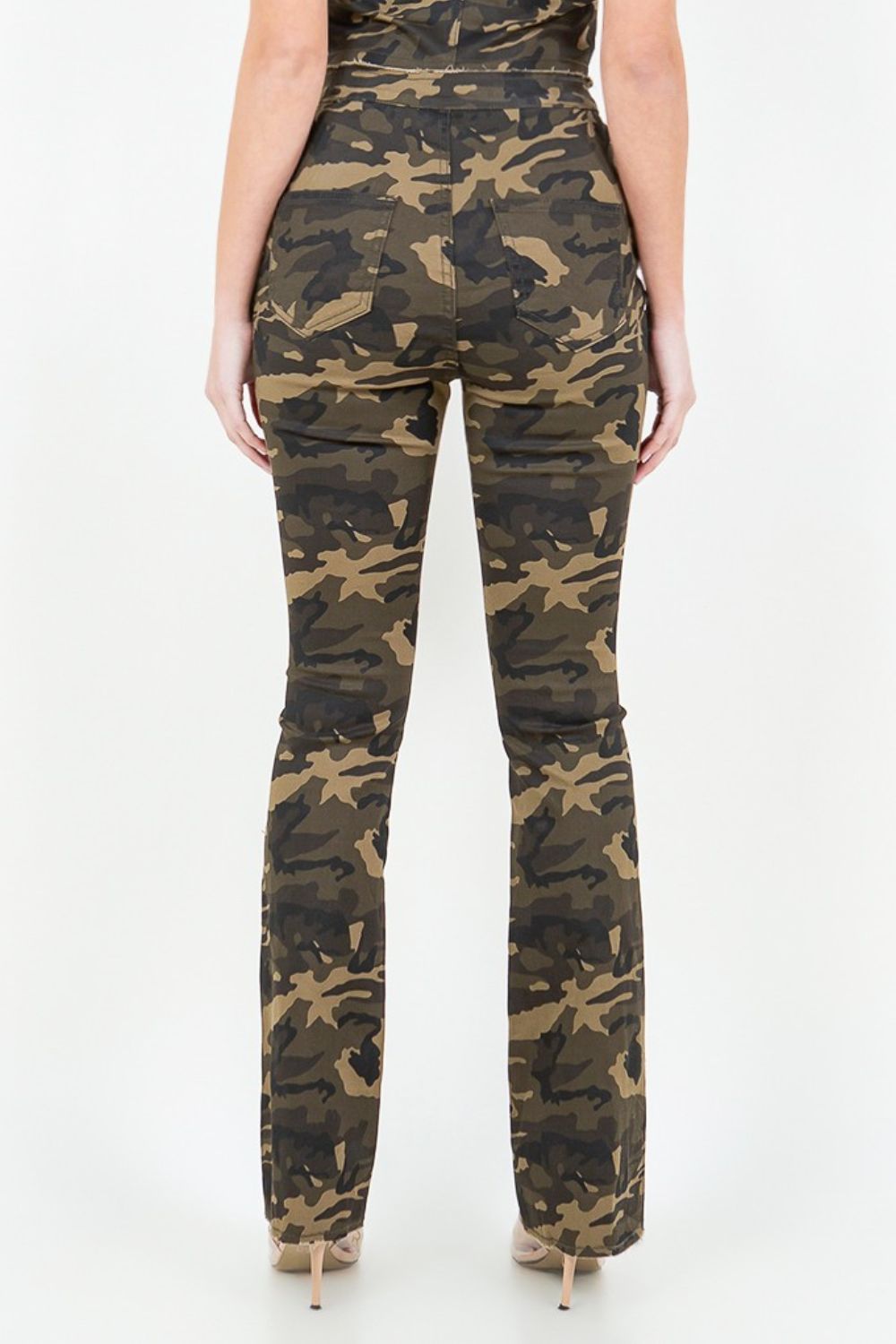 American Bazi V-Cut Ruched Camo Flare Pants  Trendsi   