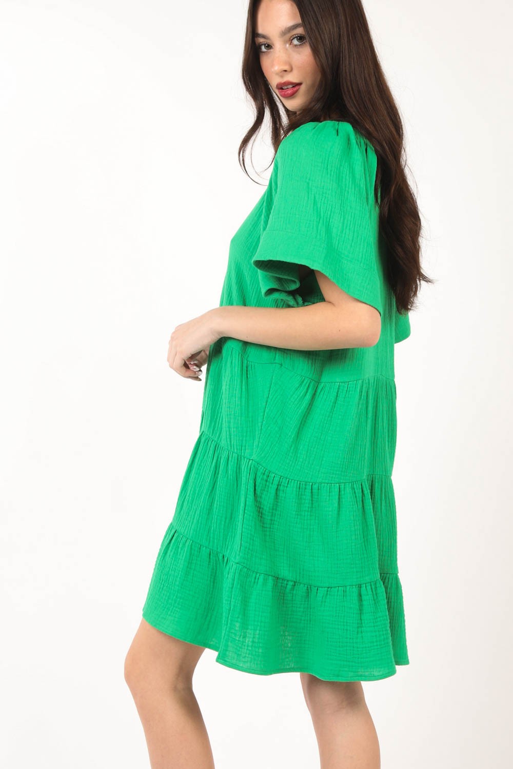 VERY J Texture V-Neck Ruffled Tiered Dress  Trendsi   