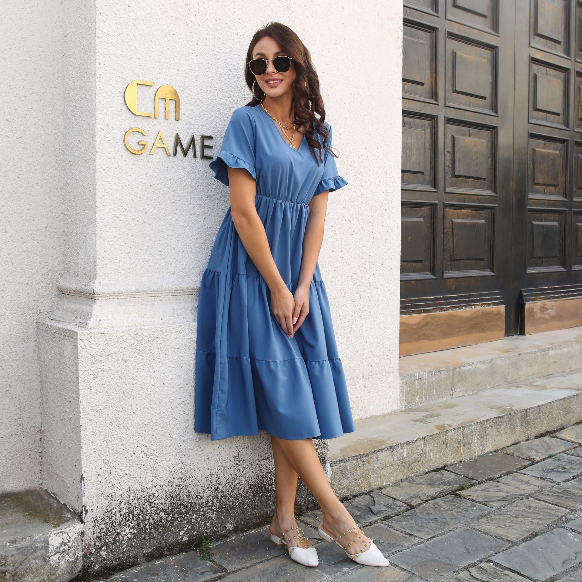 V-Neck Short Sleeve Midi Dress Dress Trendsi   