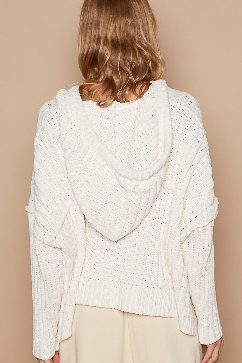 POL Rib Weave Sleeves Hooded Cable Knit Sweater  Trendsi   