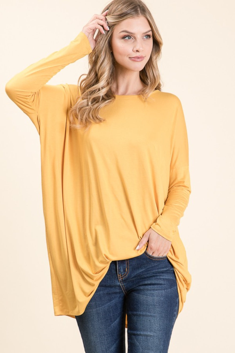 BOMBOM Round Neck Long Sleeve Oversized Top  Trendsi   