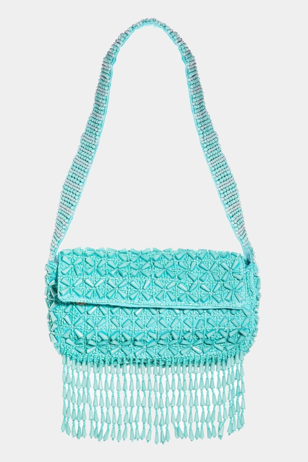 Fame Beaded Fringe Rectangle Shoulder Bag  Trendsi Tiffany Blue One Size 