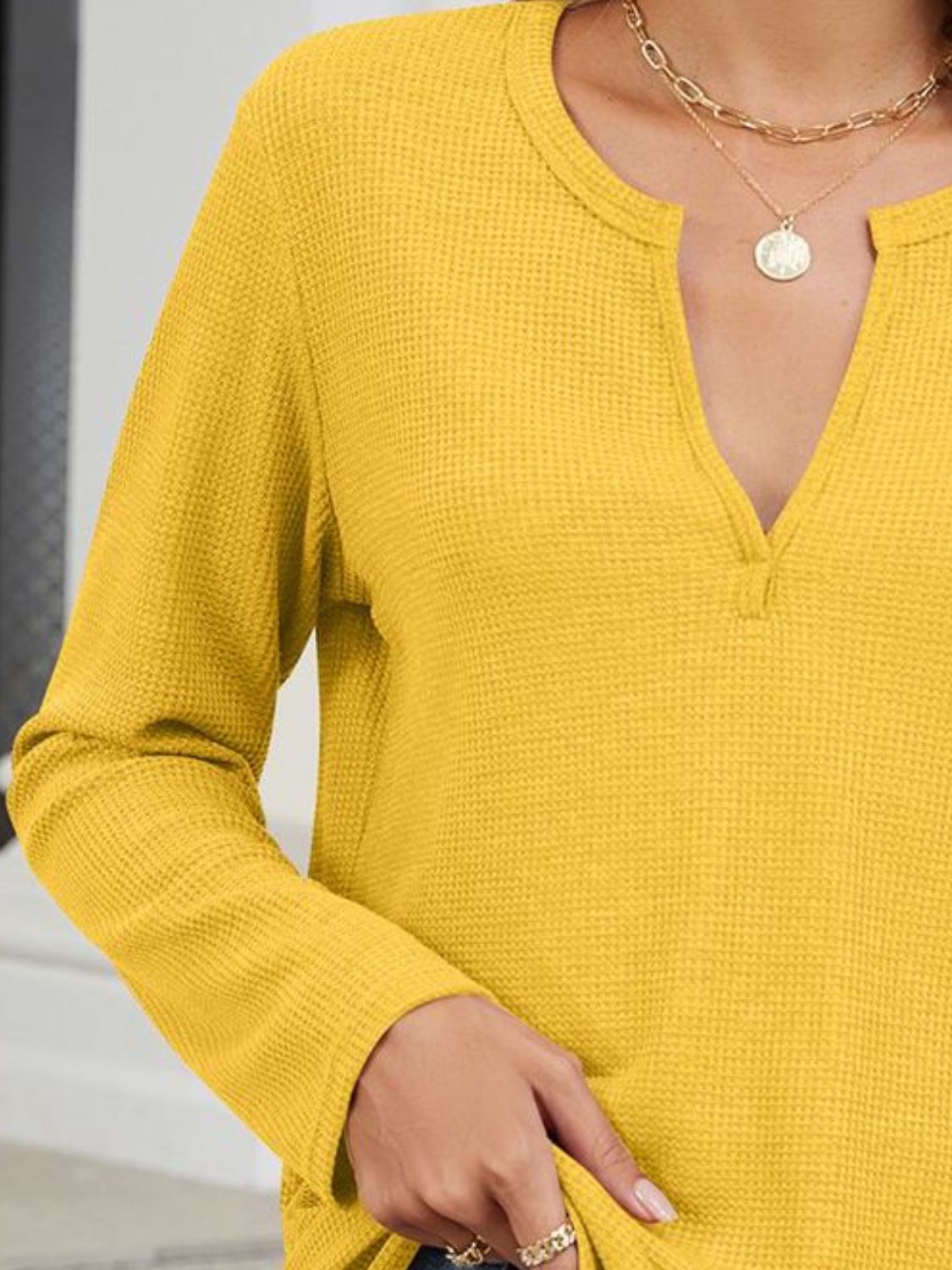 Waffle-Knit Notched Long Sleeve T-Shirt T-Shirt Trendsi   