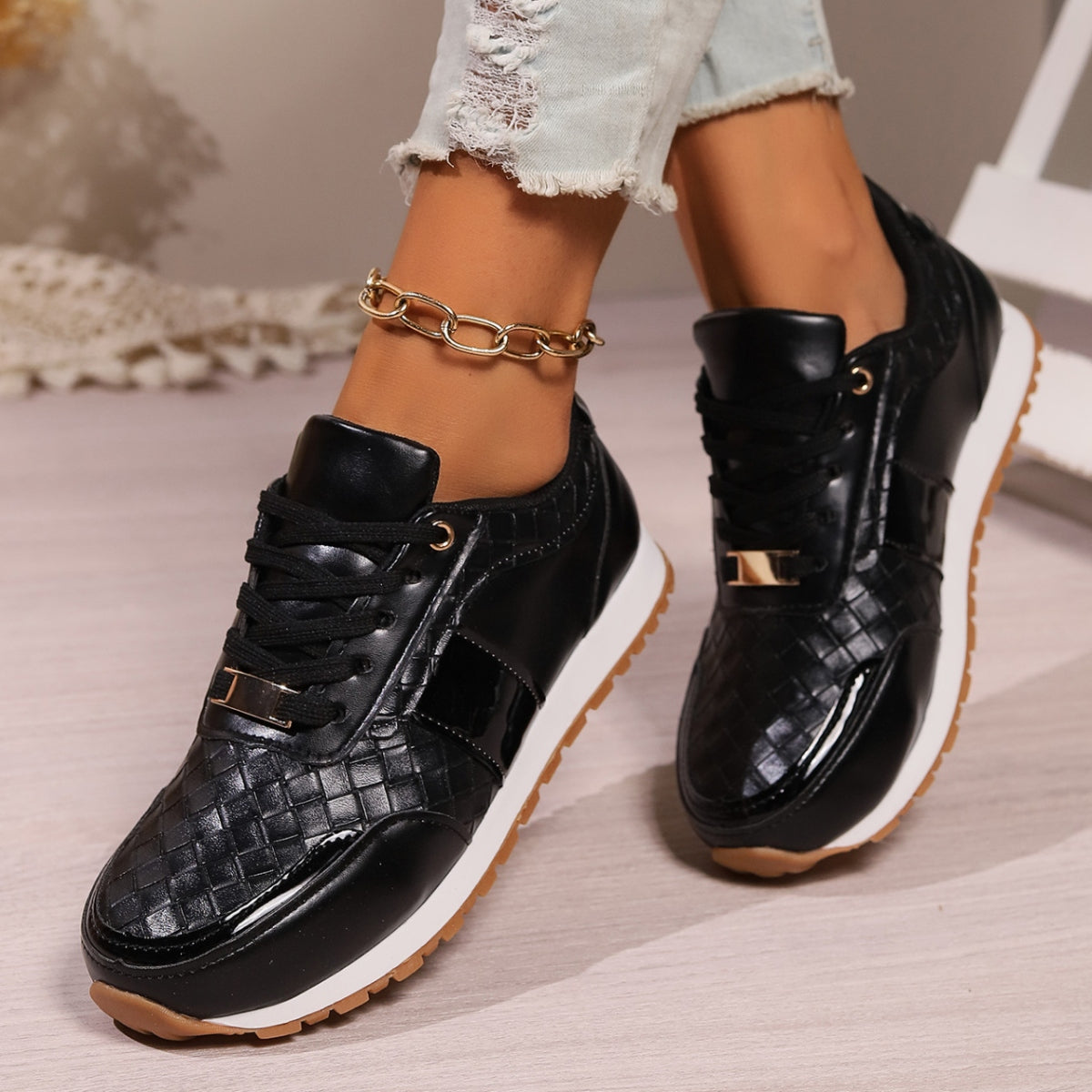 Lace-Up PU Leather Sneakers  Trendsi   