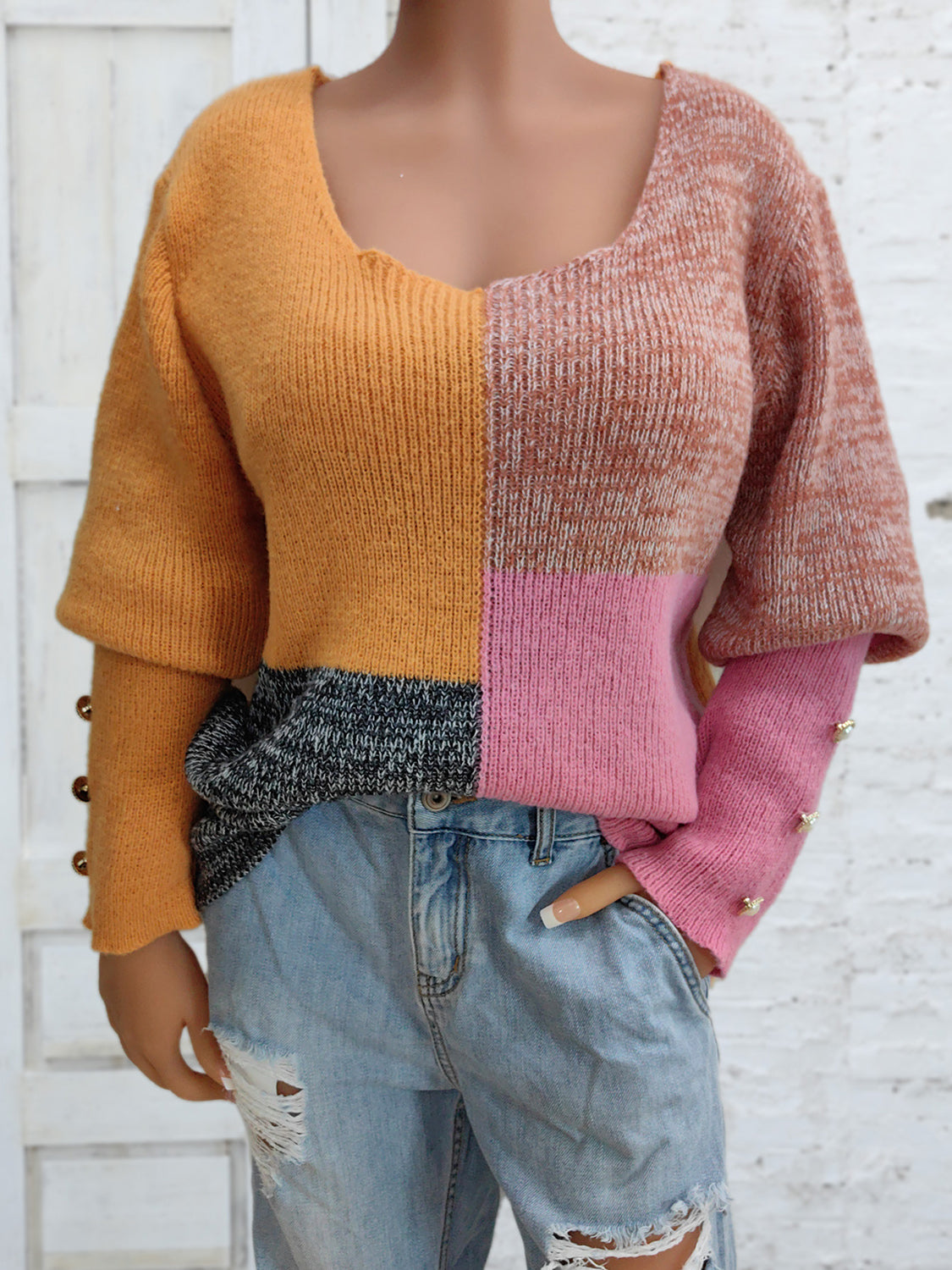 Color Block Decorative Button Long Sleeve Sweater  Trendsi   