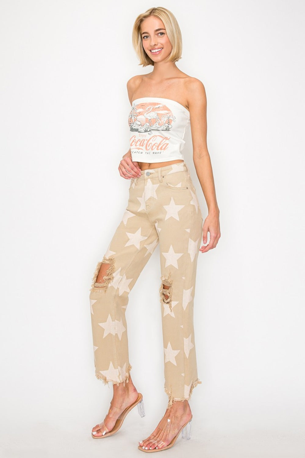 RISEN Full Size High Rise Star Printed Frayed Hem Jeans  Trendsi   