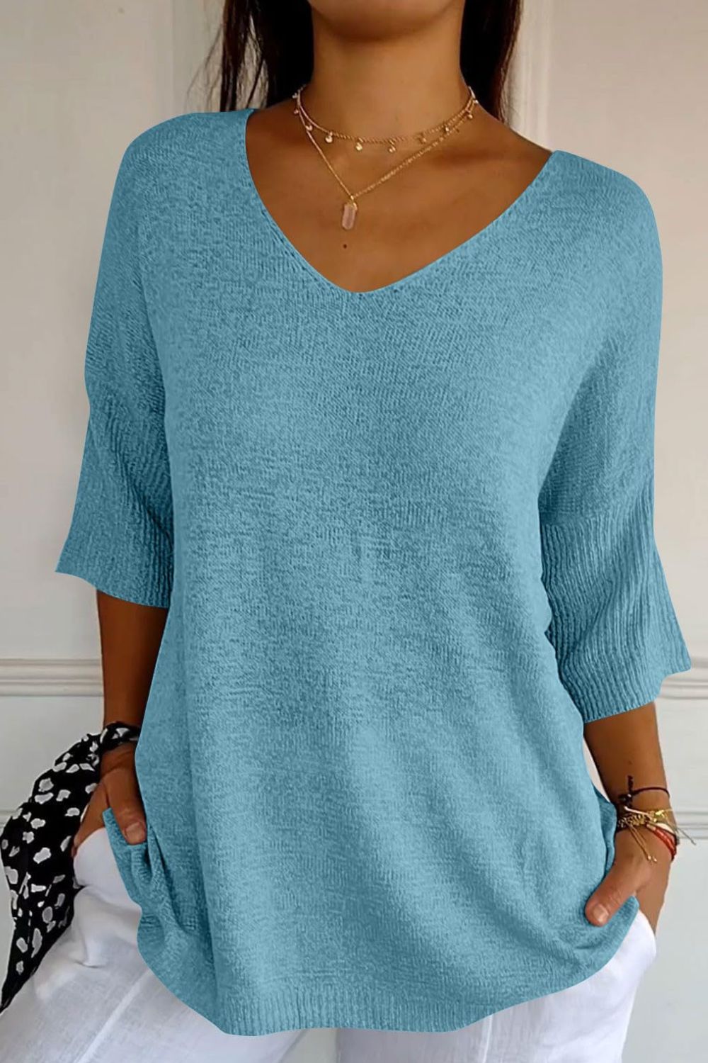 V-Neck Three-Quarter Sleeve Knit Top