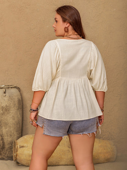 Plus Size Peplum V-Neck Half Sleeve Blouse Blouse Trendsi   