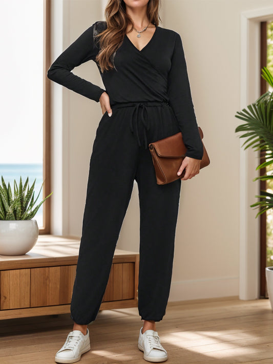 Surplice Tie Waist Long Sleeve Jumpsuit  Trendsi Black S 