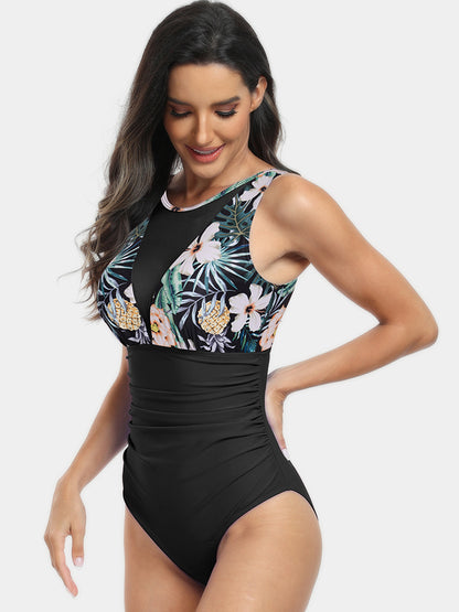 Cutout Printed Round Neck One-Piece Swimwear