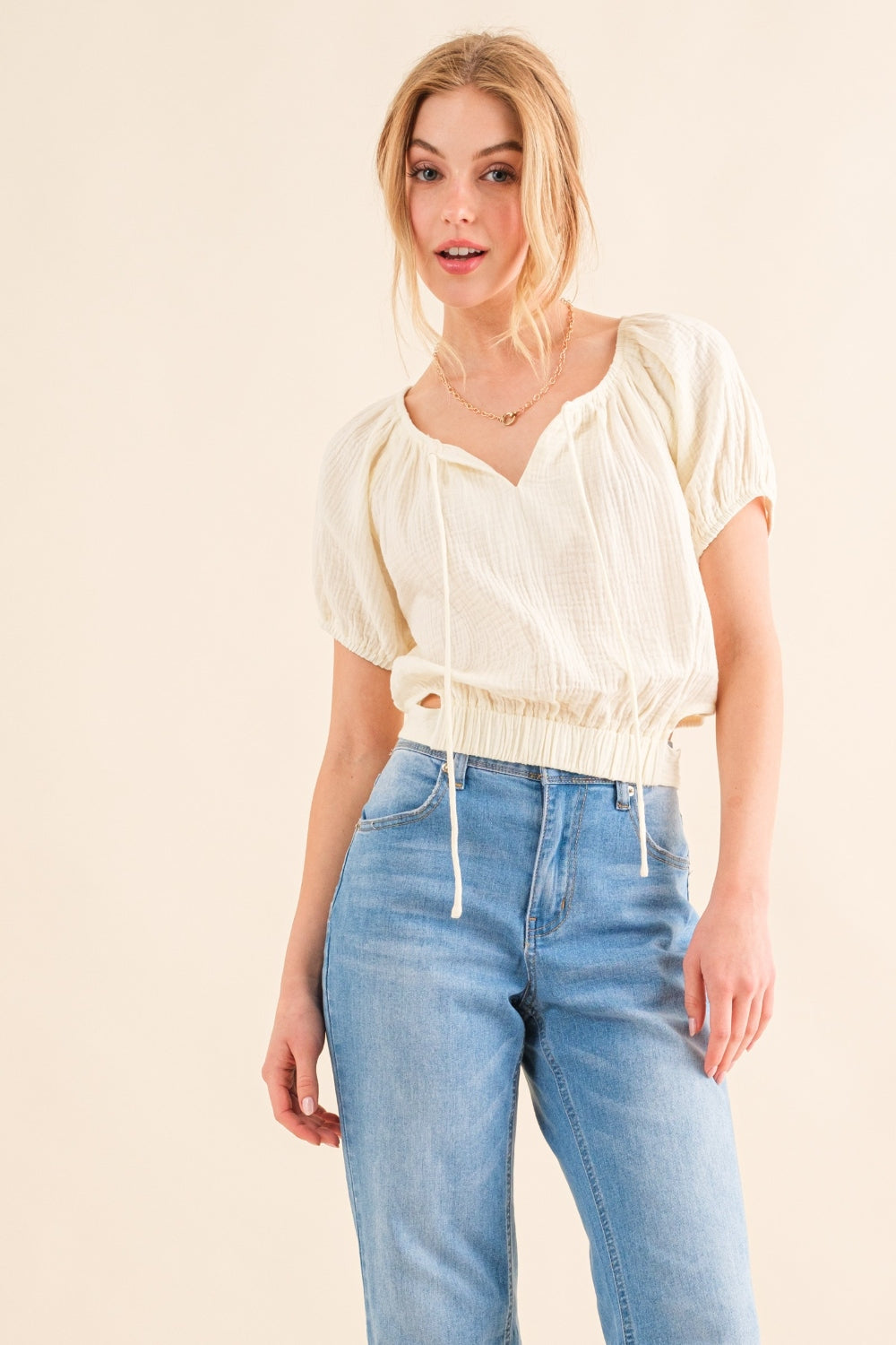 And The Why Back Waist Tie Cropped Blouse  Trendsi Cream S 