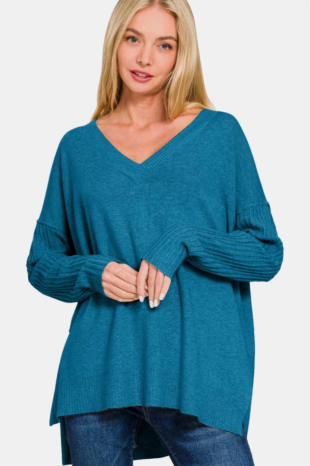 Zenana V-Neck Side Slit High-Low Sweater  Trendsi H Ocean Teal S/M 