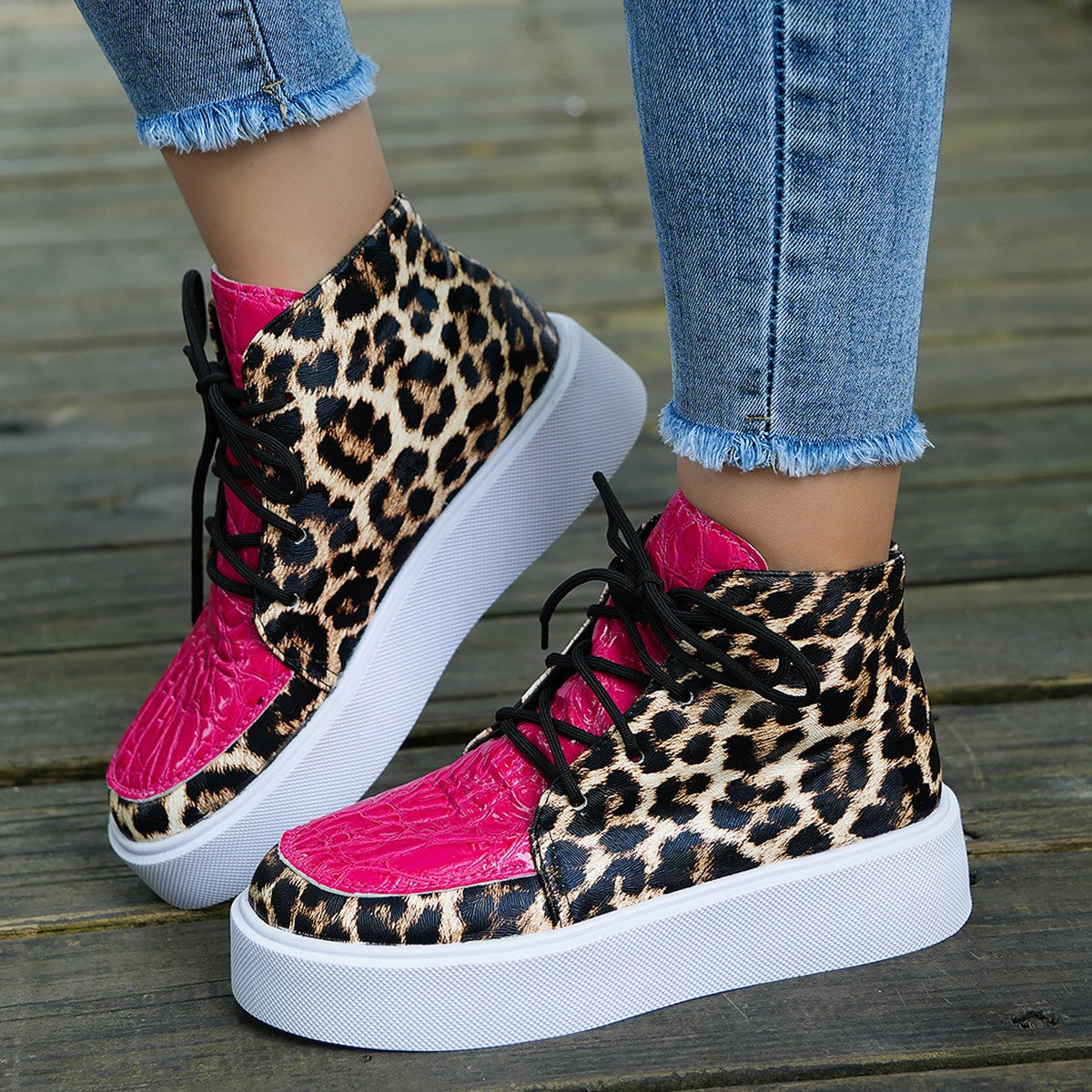 PU Leather Leopard Platform Sneakers  Trendsi   