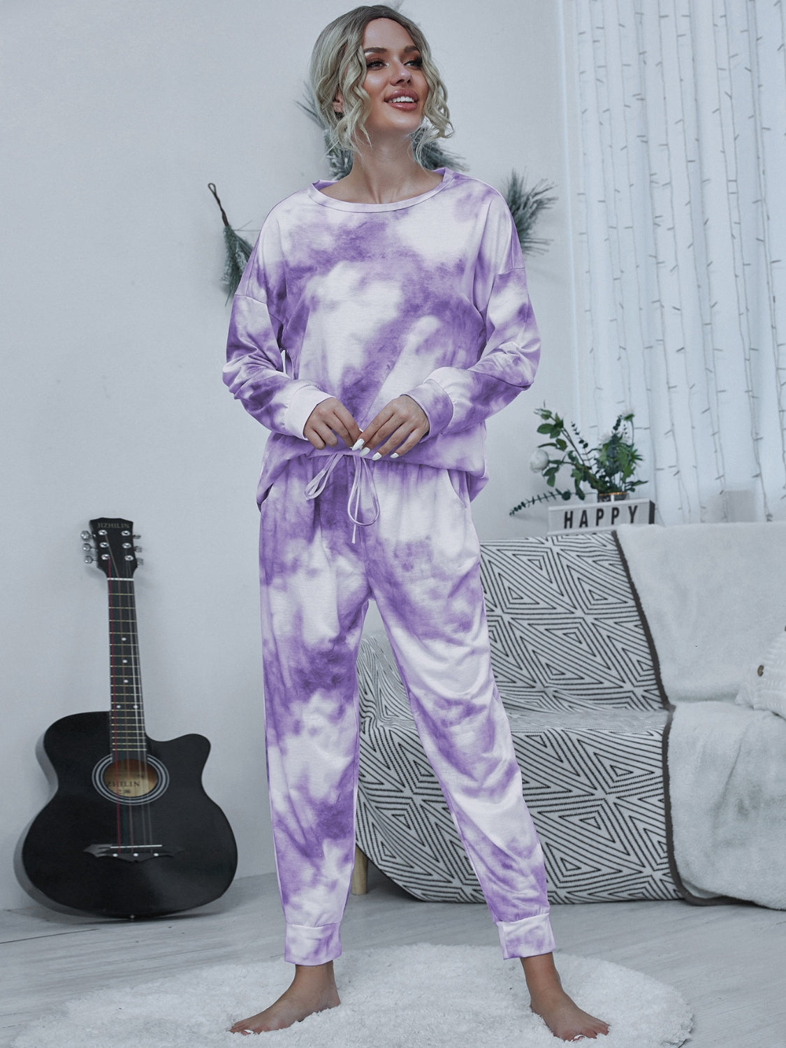 Shiny Tie-dye Round Neck Top and Drawstring Pants Lounge Set  Trendsi Lavender S 