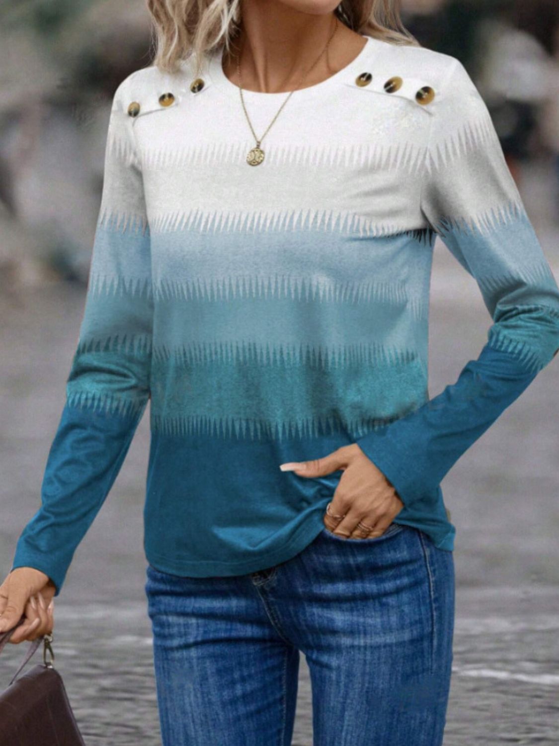 Decorative Button Contrast Round Neck Long Sleeve T-Shirt  Trendsi Pastel  Blue S 