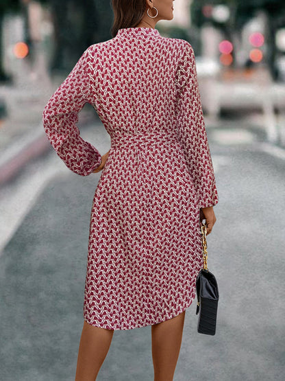 Tied Printed Notched Balloon Sleeve Dress  Trendsi   