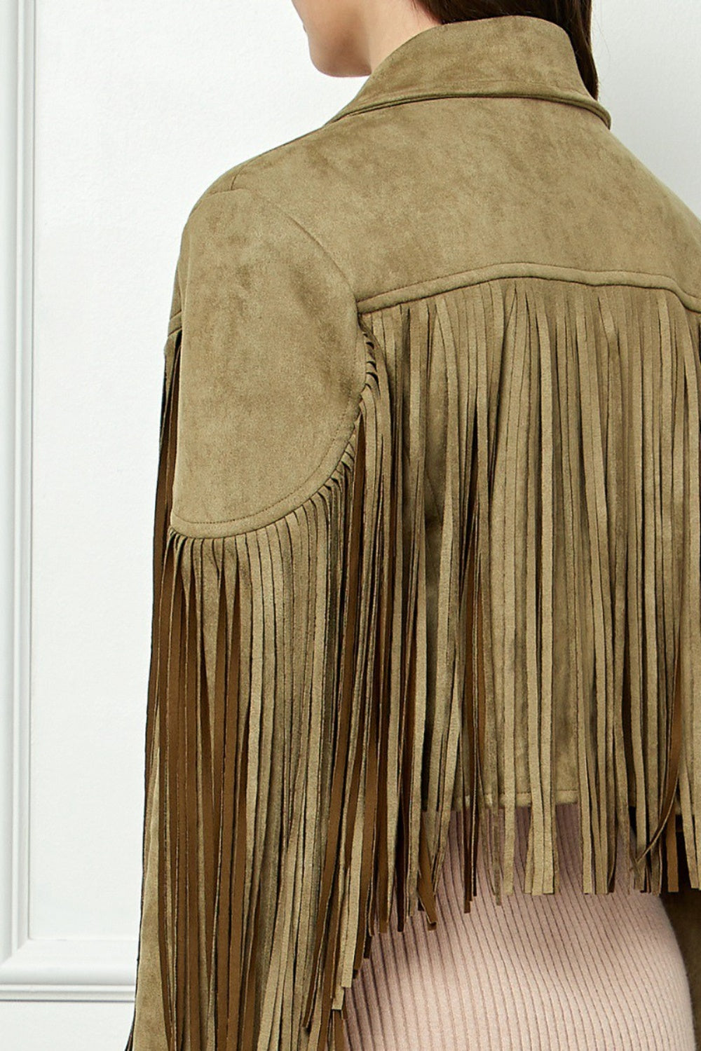 Veveret Suede Fringe Long Sleeve Moto Jacket  Trendsi   