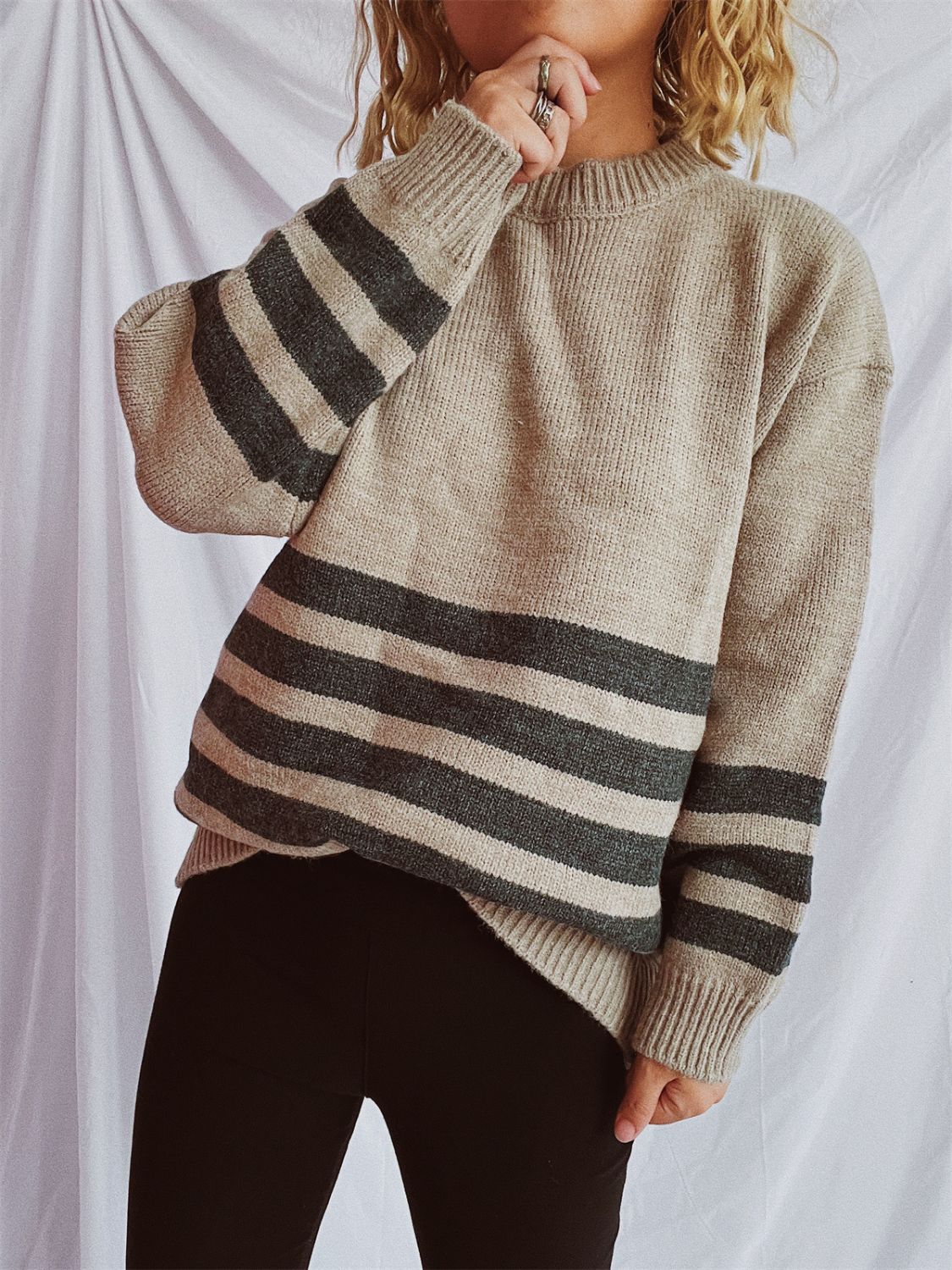 Striped Dropped Shoulder Long Sleeve Sweater  Trendsi   