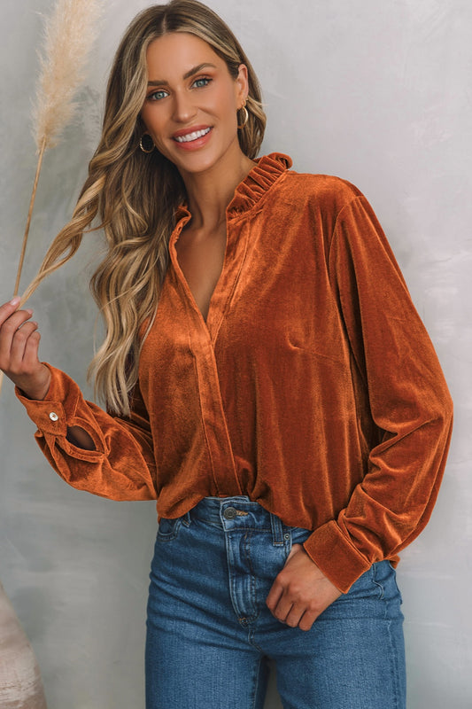 Notched Frill Detail Long Sleeve Blouse Blouse Trendsi Brown S 