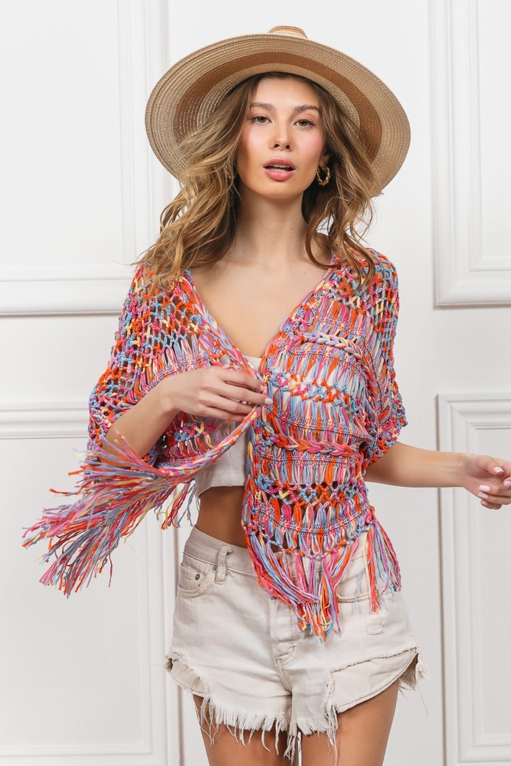 BiBi Open Front Fringed Crop Knit Cardigan Luxe Trendsi   