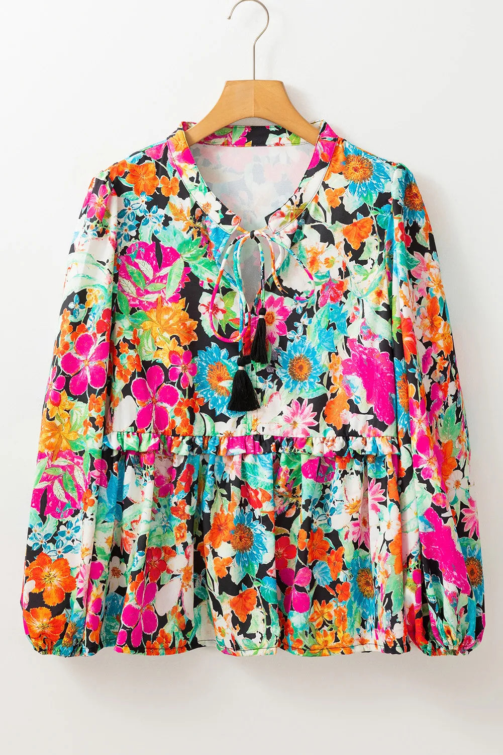 Printed Tie Neck Long Sleeve Blouse Blouse Trendsi   