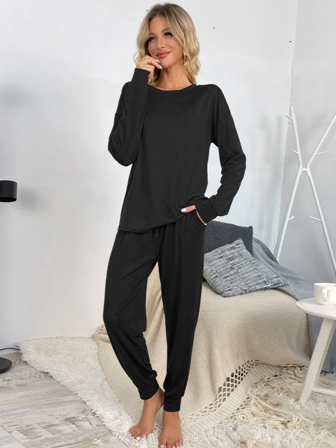 Shiny Round Neck Top and Drawstring Pants Lounge Set  Trendsi   