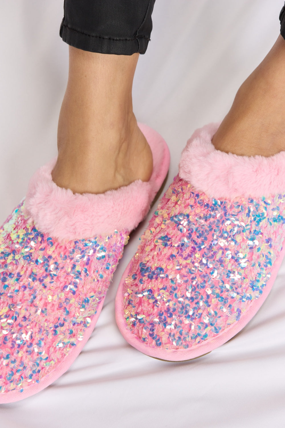 Forever Link Sequin Plush Round Toe Slippers  Trendsi   