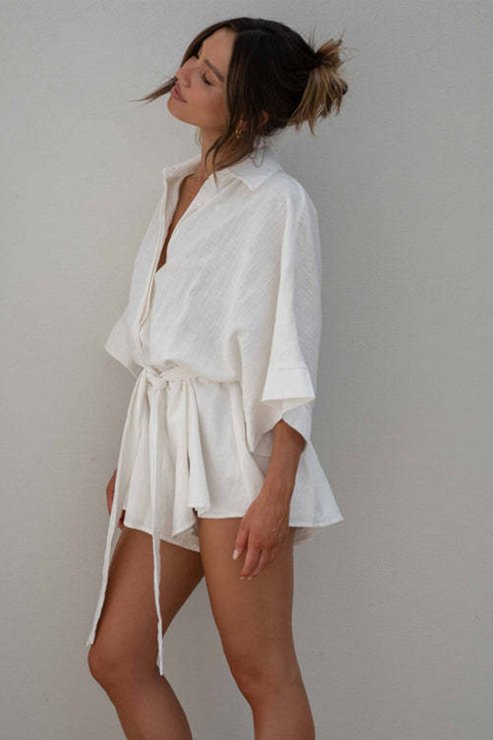 Tied Button Up Collared Neck Romper  Trendsi   