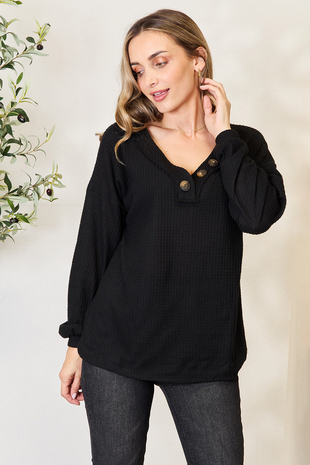 Zenana Buttoned Long Sleeve Blouse Sale Trendsi Black S 