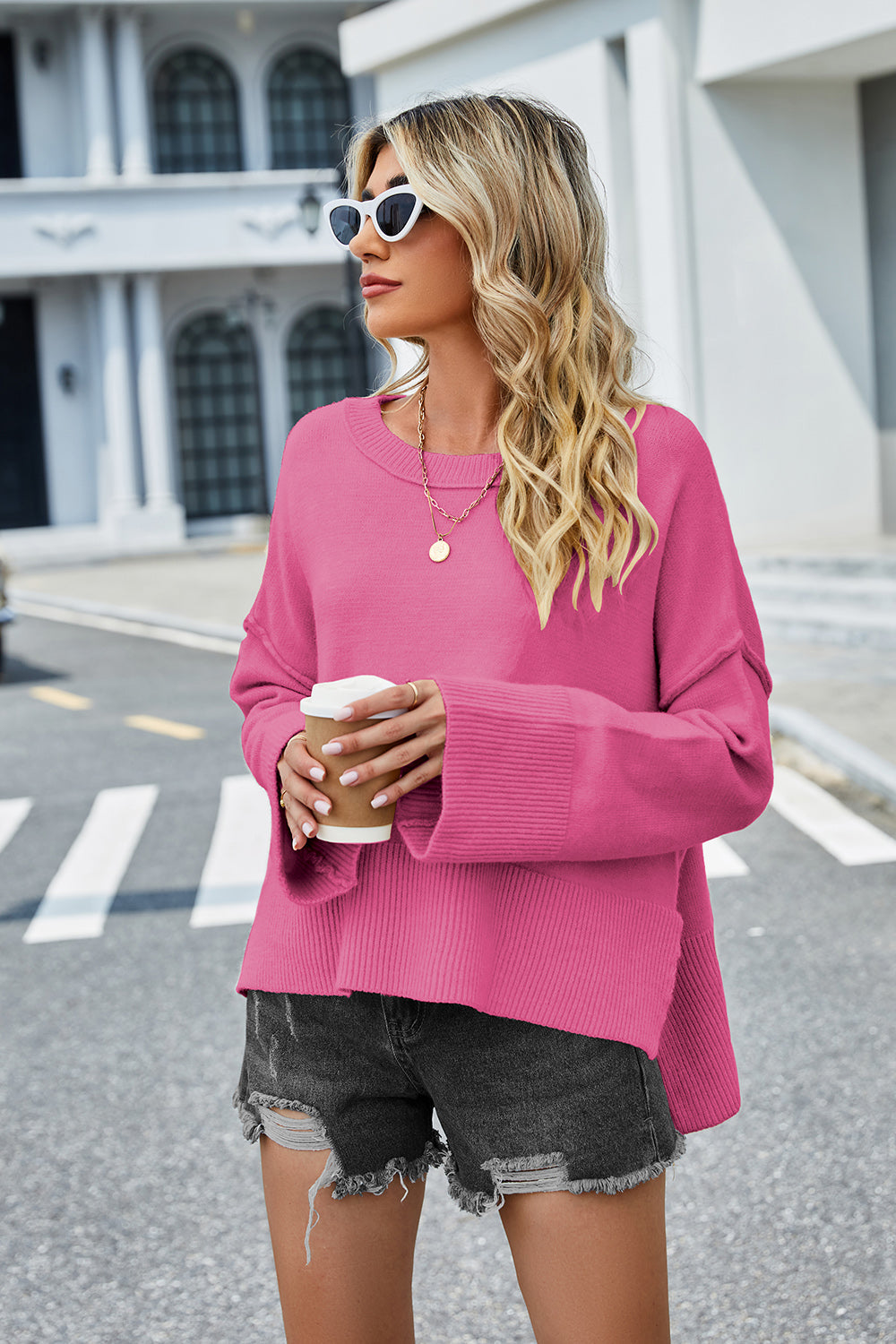 High-Low Slit Round Neck Long Sleeve Sweater  Trendsi   