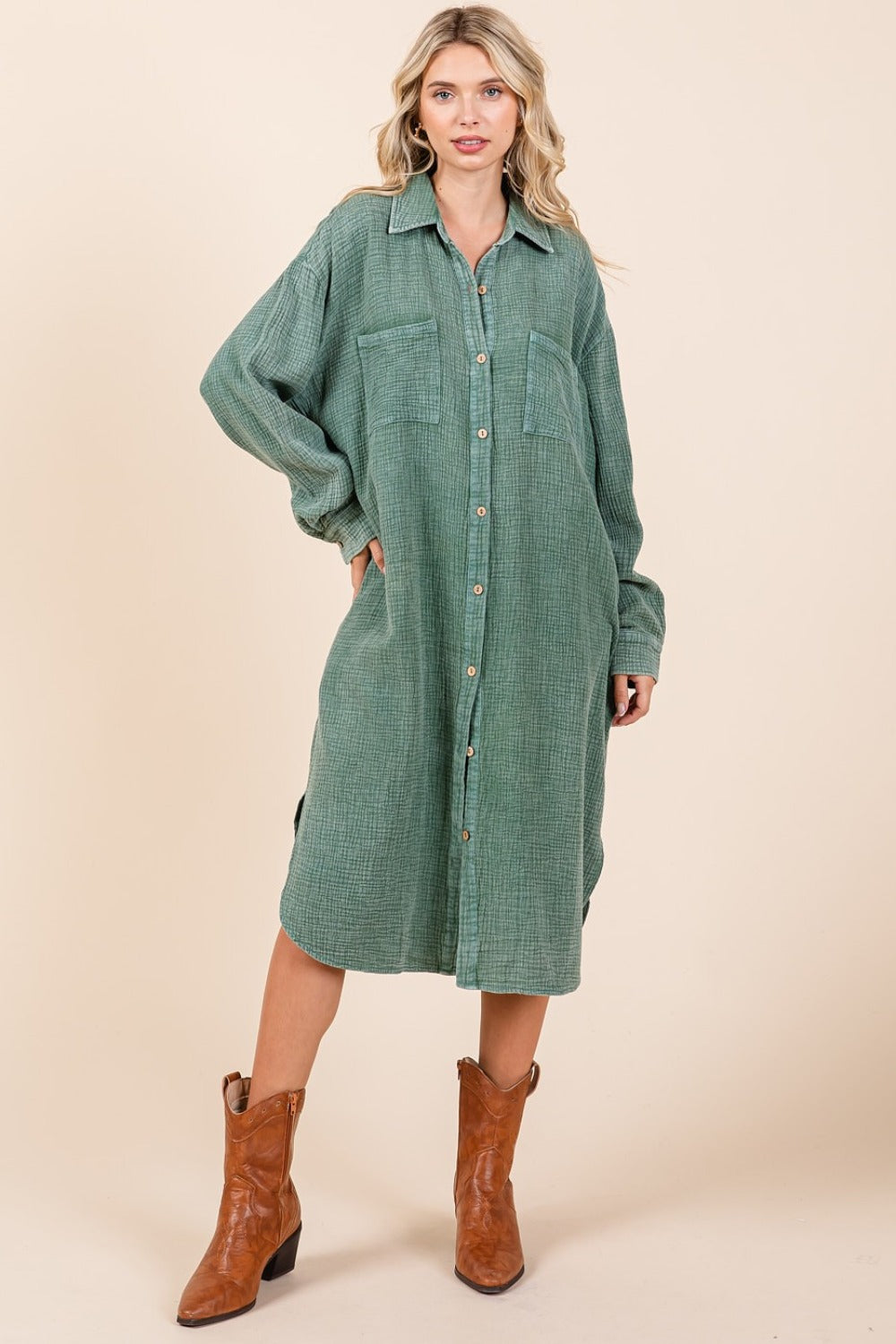 Mittoshop Mineral Wash Cotton Gauze Midi Shirt Dress  Trendsi Pine S 