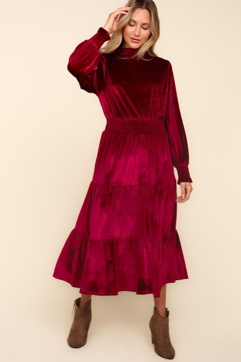 Haptics Mock Neck Smocked Waist Velvet Tiered Dress  Trendsi   