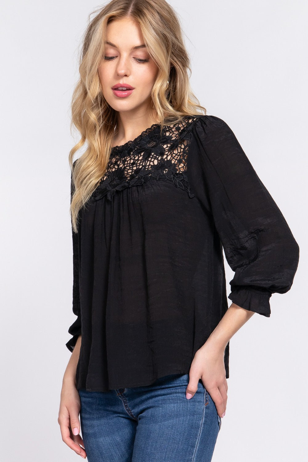 ACTIVE BASIC Crochet Lace Panel Flounce Sleeve Blouse  Trendsi   