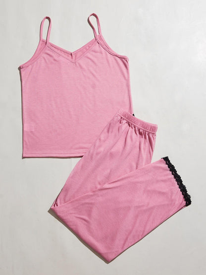 V-Neck Lace Trim Slit Cami and Pants Pajama Set  Trendsi Pink S 