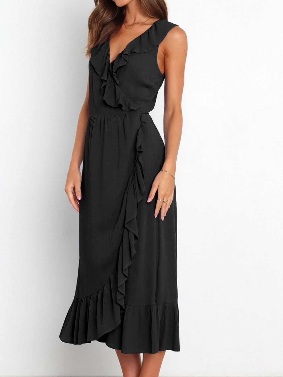 Ruffled Surplice Sleeveless Midi Dress