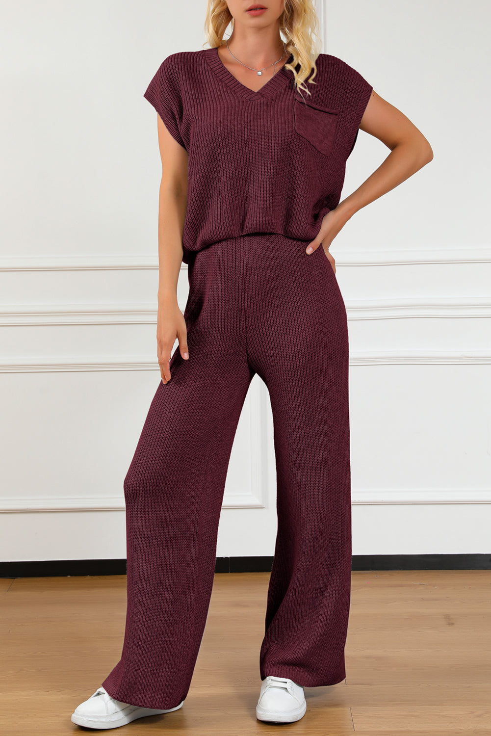 Pocketed V-Neck Top and Wide Leg Sweater Set Jumpsuit Trendsi Wine S 