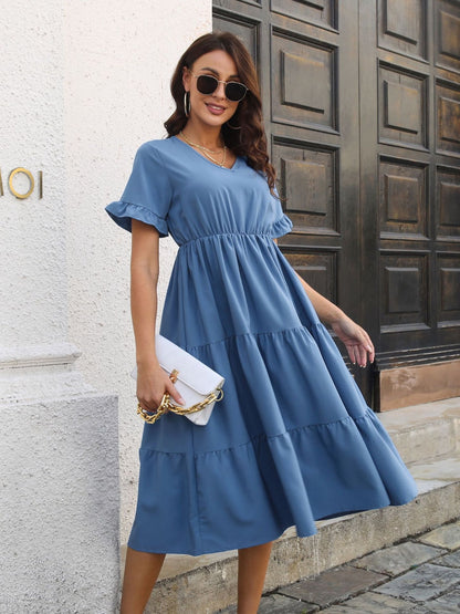 V-Neck Short Sleeve Midi Dress Dress Trendsi   