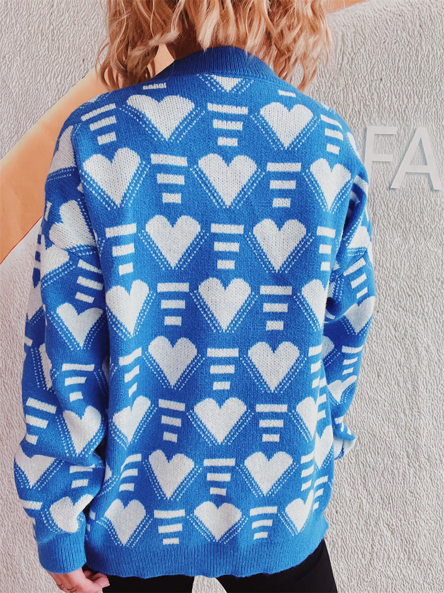 Heart Contrast Long Sleeve Dropped Shoulder Sweater  Trendsi   