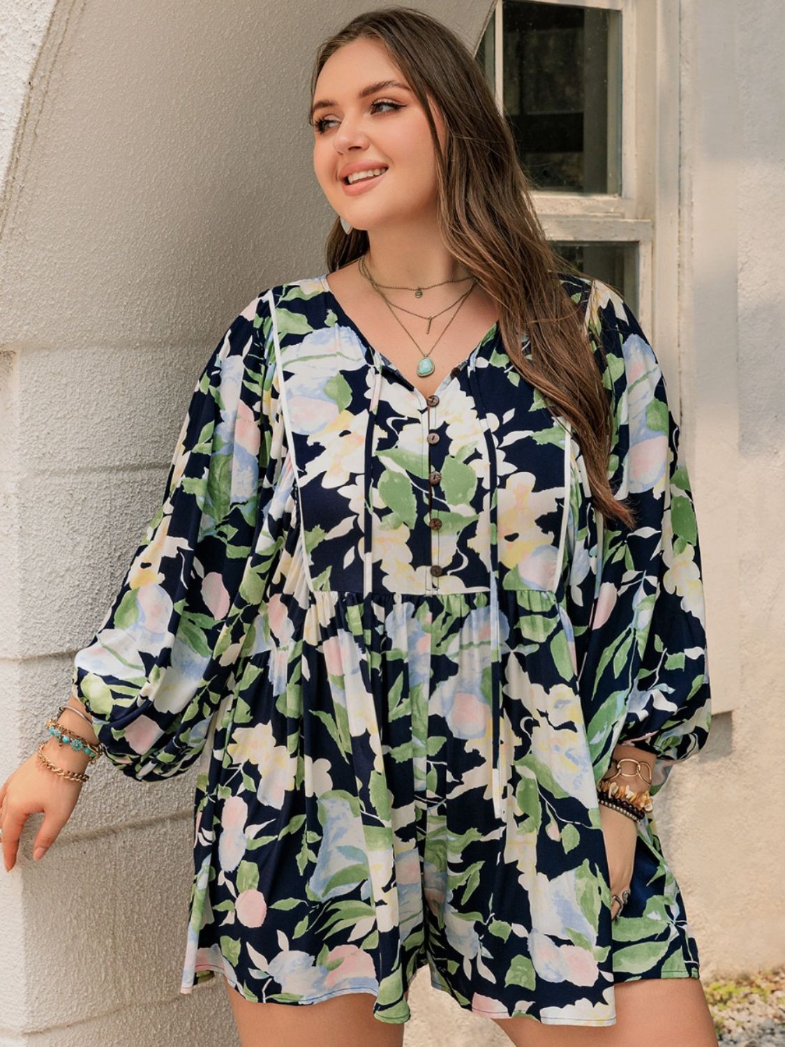 Plus Size Tied Printed Long Sleeve Romper  Trendsi   