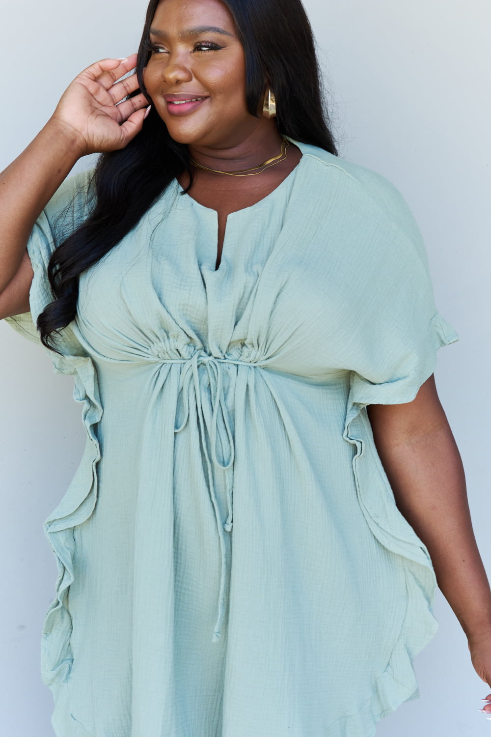 Ninexis Out Of Time Full Size Ruffle Hem Dress with Drawstring Waistband in Light Sage Sale Trendsi   