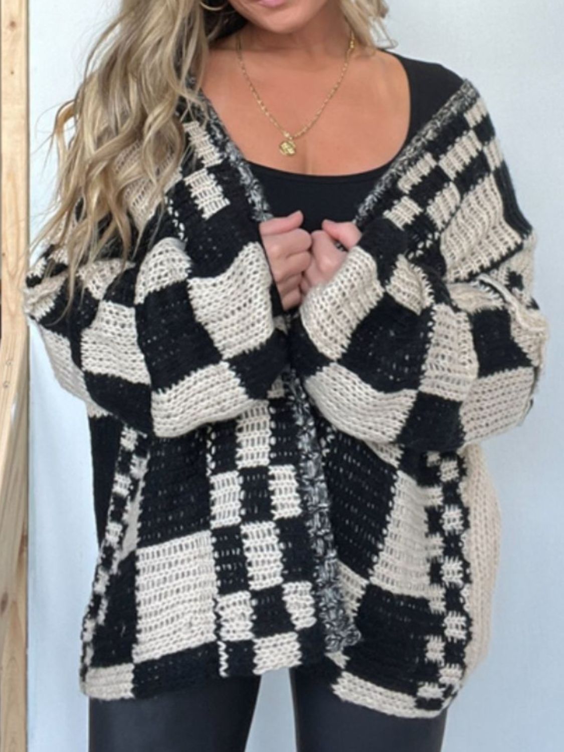 Plaid Open Front Long Sleeve Cardigan  Trendsi Black S 