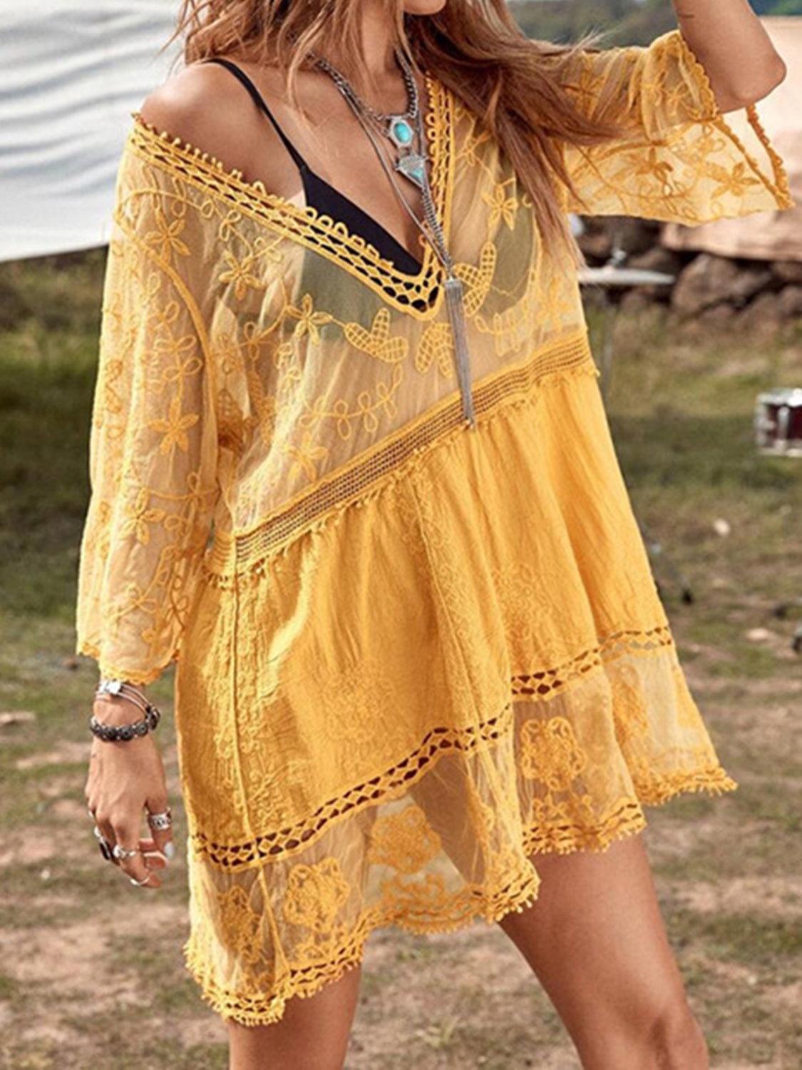 Lace Detail Plunge Cover-Up Dress  Trendsi Gold One Size 