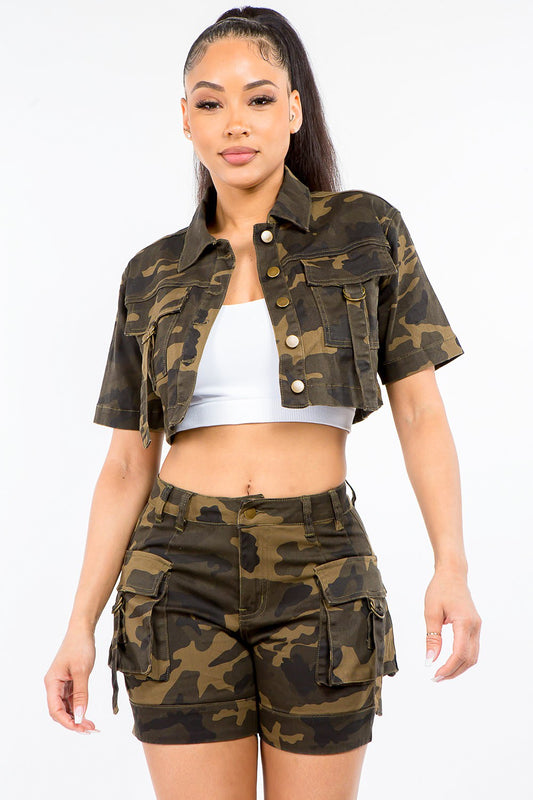 American Bazi Full Size Camouflage Short Sleeve Cropped Jacket  Trendsi Olive Camo S 