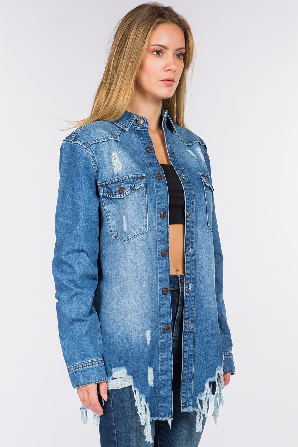 American Bazi Distressed Frayed Hem Denim Jacket  Trendsi   